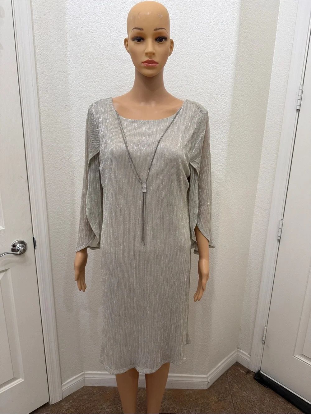 Prelude Sz 16 Metallic Silver Sparkling Long Sleeve Midi Dress Attached Necklace